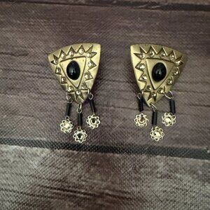 Gold And Black Stone Triangle Shield Earrings